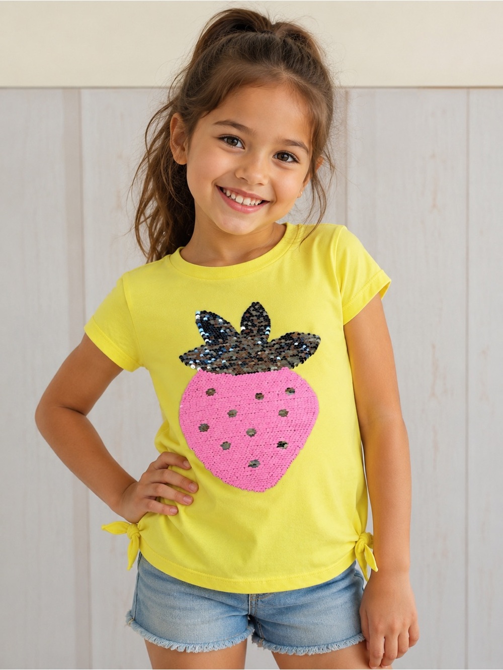Carter’s Kids Size 8‎ Neon Yellow Sequin Strawberry Tie Hem Tee Shirt